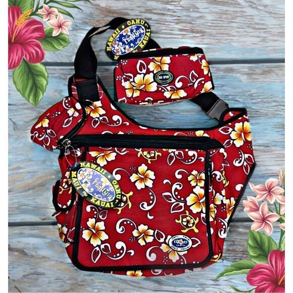 D&D TRADING HAWAIIAN Large Messenger Crossbody Bag & Fanny Pack Red Vintage - Picture 1 of 11